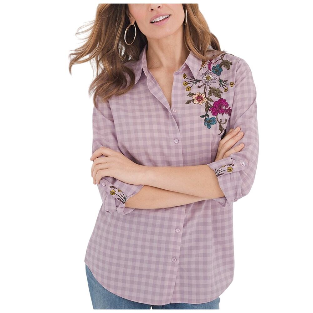 Chicos 10 Womens Floral Embroidered Gingham Shirt Purple Lilac